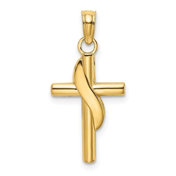 14k Yellow Gold Polished W/ Banner Cross Charm